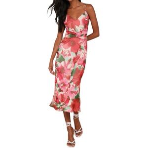 NEW Lulus Beautiful Entrance Fuchsia Multi Floral Twist Front Midi Dress
